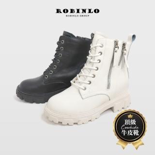 【Robinlo】個性雙拉鍊真皮綁帶鋸齒中筒靴短靴機車靴軍靴DEZI(極簡黑/奶油白)