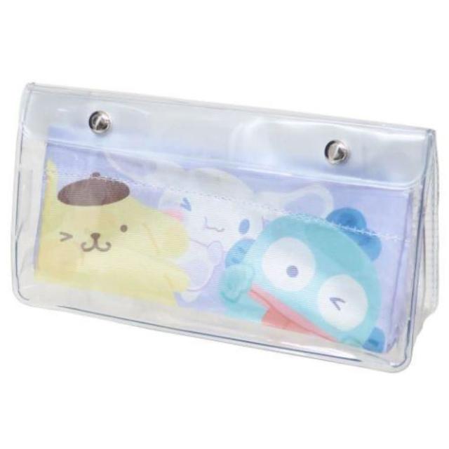 【小禮堂】Sanrio大集合 PVC扣式三角筆袋 - 布丁狗/大耳狗/人魚漢頓 藍貼玻璃款(平輸品)