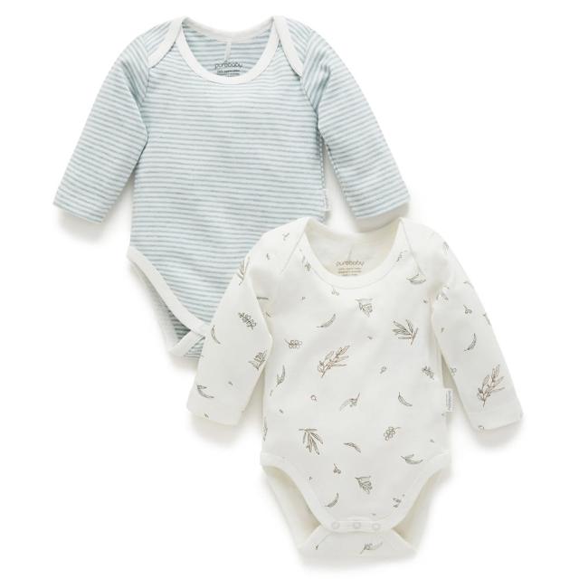 【Purebaby】有機棉 嬰兒包屁衣兩件組 藍色(新生兒 連身衣)