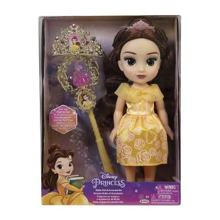 【Disney 迪士尼】迪士尼公主娃娃+皇冠權杖組-貝兒