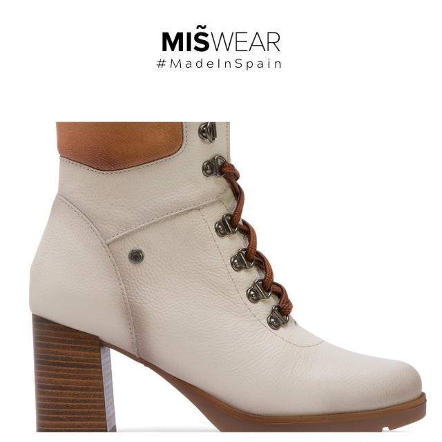 【MISWEAR】MISWEAR 釦環造型綁帶真皮粗跟靴-米白(造型獨特/帥氣有型)
