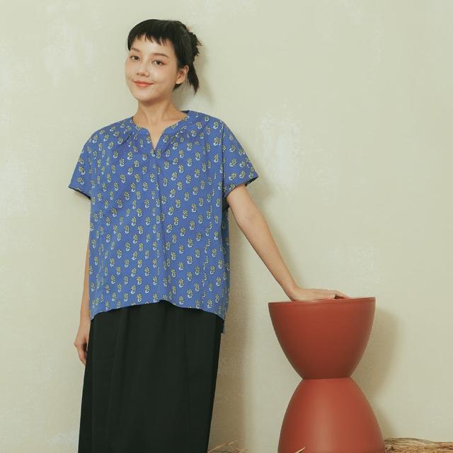 【MOSS CLUB】氣質印花短版落袖-女短袖襯衫 印花 藍 白(二色/版型適中)