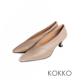 【KOKKO 集團】微拉長鞋楦車線顯瘦跟鞋(卡其色)