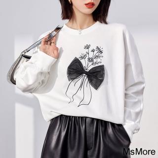 【MsMore】白色精緻刺繡花束設計感圓領長袖寬鬆短版上衣#115587(白色)
