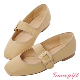 【Grace Gift】復古大金釦平底瑪莉珍鞋(卡其)