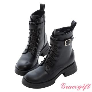 【Grace Gift】騎士精神側釦厚底綁帶靴(黑)