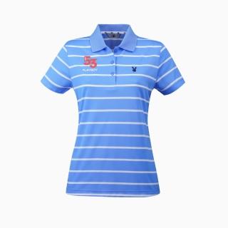 【PLAYBOY GOLF】女款立領橫條短袖POLO衫-藍(吸濕排汗、抗UV、高爾夫球衫 KA21191-56)