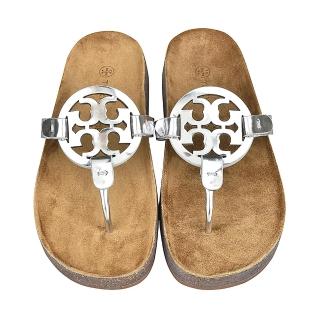 【TORY BURCH】TORY BURCH MILLER CLOUD圓型鏡面LOGO牛皮拖鞋(銀x棕)