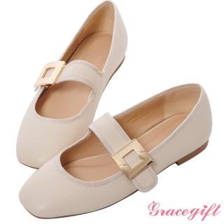 【Grace Gift】復古大金釦平底瑪莉珍鞋(米白)