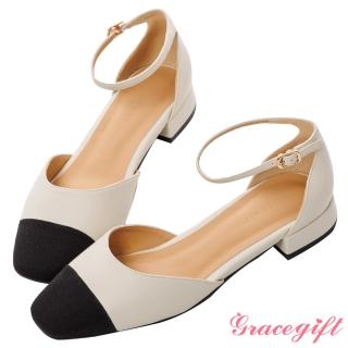 【Grace Gift】雙色拼接繫帶低跟鞋(白x黑)