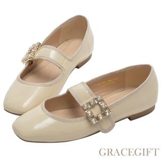 【Grace Gift】璀璨女伶平底瑪莉珍鞋(米漆)