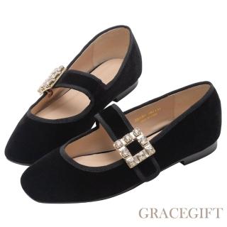 【Grace Gift】璀璨女伶平底瑪莉珍鞋(黑絨布)