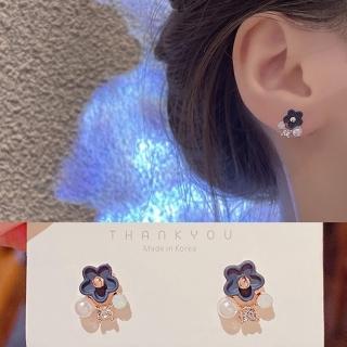 【Emi 艾迷】甜美可愛藍色小花珍珠點鑽925銀針 耳環 耳夾 夾式耳環 無耳洞