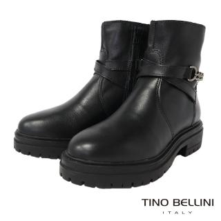 【TINO BELLINI 貝里尼】巴西進口牛皮交叉鍊飾側拉鍊短筒軍靴FWNV022(黑)
