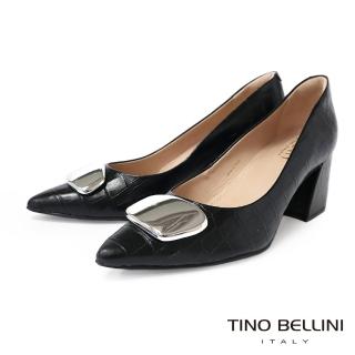 【TINO BELLINI 貝里尼】巴西進口牛皮鱷魚壓紋金屬環飾尖頭粗跟鞋FWDV023(黑)