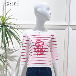 【JESSICA】休閒百搭舒適條紋七分袖針織上衣224154（紅）