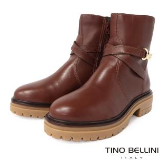 【TINO BELLINI 貝里尼】巴西進口牛皮交叉鍊飾側拉鍊短筒軍靴FWNV022(咖啡)