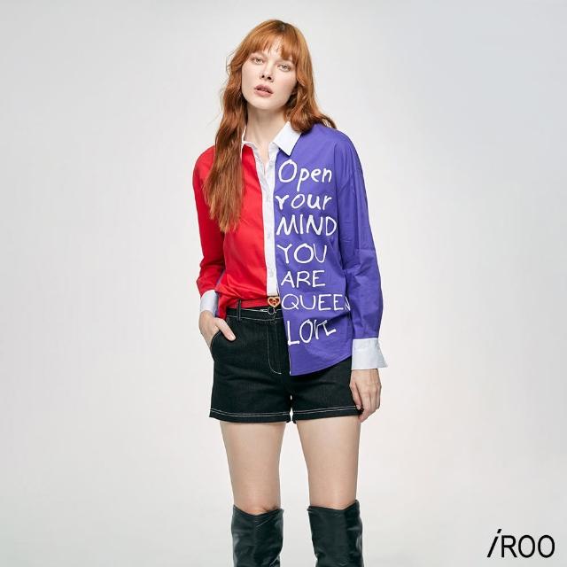 【iROO】大紅大紫拼色字母長袖襯衫上衣