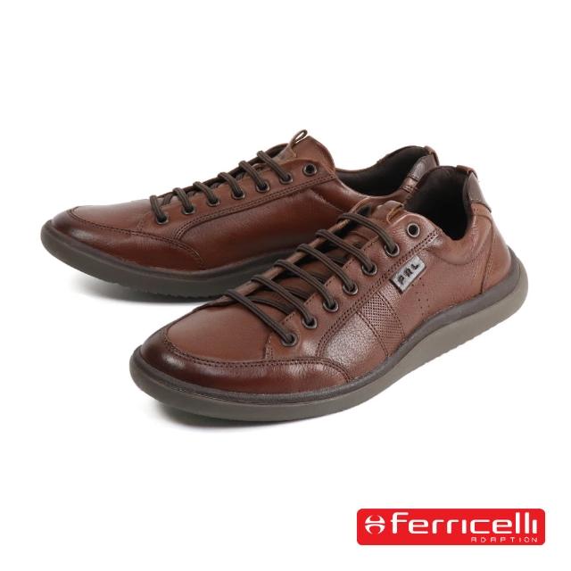 【Ferricelli】荔枝紋真皮寬底綁帶休閒鞋 棕色(F57221-BR)