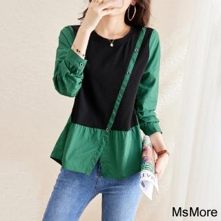 【MsMore】綠+黑甜美拼色假兩件圓領寬鬆長袖短版上衣#114196(綠色)
