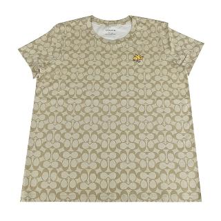【COACH】經典滿版標誌LOGO小鳥圖騰點綴純棉女裝T-Shirt(卡其)
