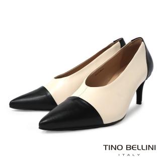 【TINO BELLINI 貝里尼】巴西進口雙色拼接牛皮尖頭深口跟鞋FWDV020(黑白)