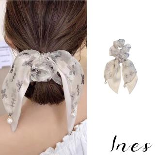 【INES】珍珠髮圈 吊墜髮圈/韓國設計法式優雅垂墜感珍珠吊墜造型大腸圈 髮圈(2色任選)