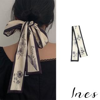 【INES】法式植物花卉描繪圖樣緞面髮帶 髮繩 絲巾 領巾(植物髮帶 花卉髮帶)