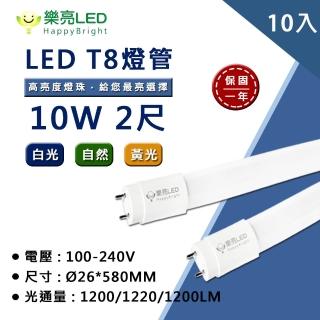 【HappyBright 樂亮】LED T8 2尺10W 玻璃燈管 全電壓 白光 黃光 自然光 10入(無藍光危害 通過CNS認證)