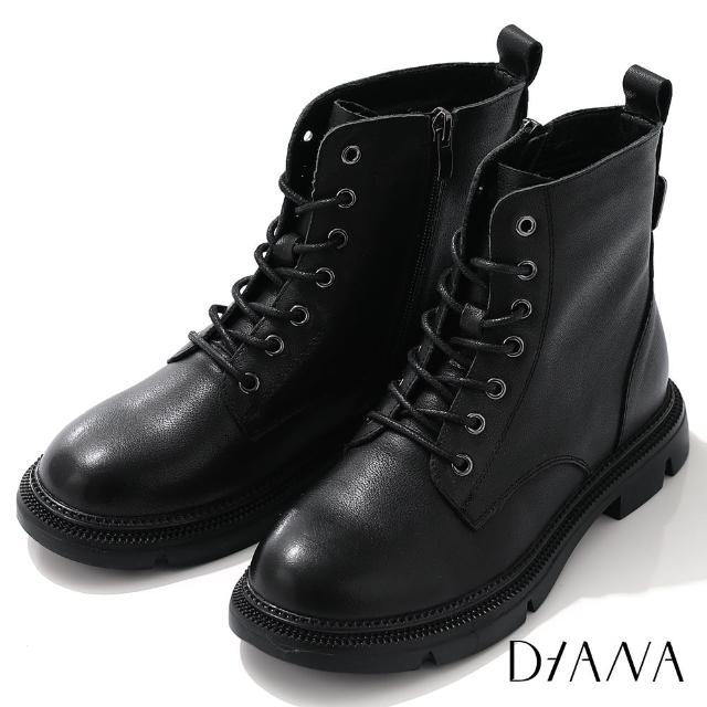 【DIANA】3.5cm質感牛皮厚底顯瘦款綁帶軍靴-率性時尚(黑)