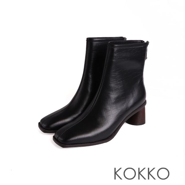 【KOKKO 集團】復古方頭造特殊木紋鞋跟短靴(鱷魚紋皮)