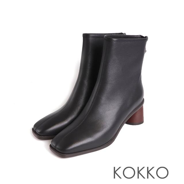 【KOKKO 集團】復古方頭造特殊木紋鞋跟短靴(黑色素面)