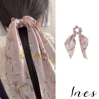 【INES】花卉髮圈 飄帶髮圈/韓國設計清新花卉優雅長飄帶大腸圈 髮圈(3色任選)