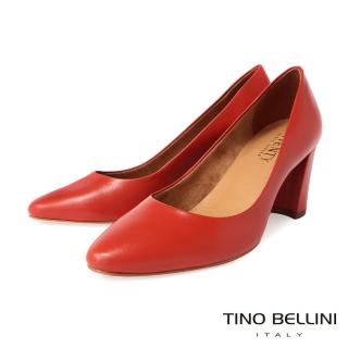 【TINO BELLINI 貝里尼】巴西進口牛皮素色尖楦粗高跟鞋FWEV012(橘棕)