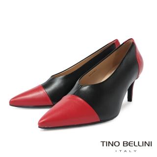 【TINO BELLINI 貝里尼】巴西進口雙色拼接牛皮尖頭深口跟鞋FWDV020(黑紅)