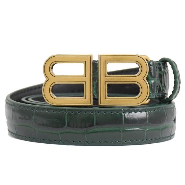 【Balenciaga 巴黎世家】經典復古雙BB LOGO鱷魚壓紋時尚皮帶(墨綠)