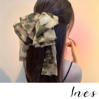 【INES】蝴蝶結髮夾 飄帶髮夾/韓國設計法式水墨暈染多層次大蝴蝶結飄帶髮夾 馬尾夾(2色任選)