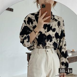 【JILLI-KO】韓版復古大理石暈染花紋寬鬆襯衫-F(黑)
