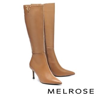 【MELROSE】質感時髦鉚釘V型牛皮尖頭高跟長靴(棕)