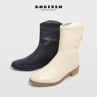 【Robinlo】嬉皮復古素面粗跟中筒靴短靴西部靴HERRY(極簡黑/奶油白)