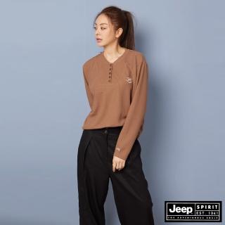 【JEEP】女裝 華夫格寬鬆短版長袖T恤(咖啡色)