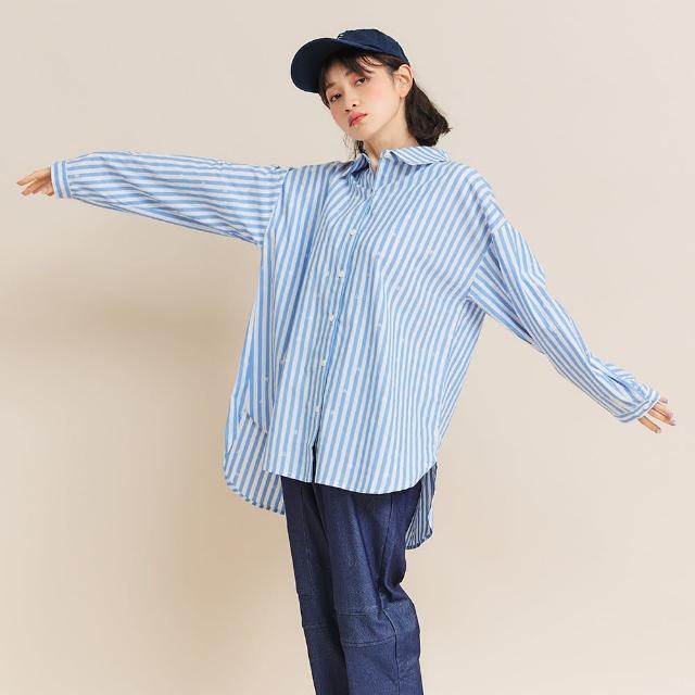 【Dailo】字母格紋寬版-女長袖襯衫 字母 藍 白(二色/版型適中)