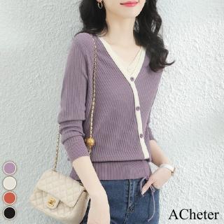 【ACheter】韓系V領毛衣假兩件綁帶套頭長袖針織衫短版上衣#114307(4色)