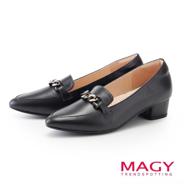 【MAGY】牛皮異材質鑽鍊尖頭粗低跟鞋(黑色)