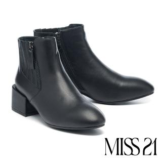 【MISS 21】別緻復古縫線牛皮粗高跟短靴(黑)