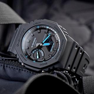 【CASIO 卡西歐】G-SHOCK 八角錶殼耐衝擊運動雙顯腕錶/黑x藍指針(GA-2100-1A2)