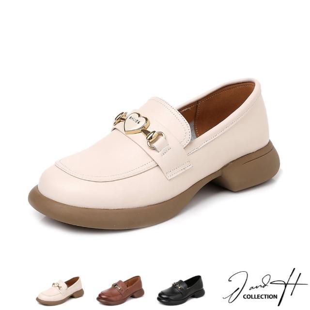 【J&H collection】清新時尚真皮粗跟樂福鞋(現+預  米白色 / 棕色 / 黑色)