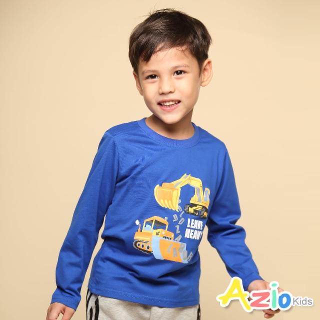 【Azio Kids 美國派】男童 上衣 英文字母工程車印花長袖上衣T恤(藍)