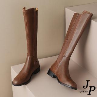 【JP Queen New York】秋冬顯瘦牛皮彈性後拉鍊騎士長筒靴(2色可選)