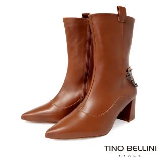 【TINO BELLINI 貝里尼】巴西進口鉚釘金屬鍊飾尖頭拉鍊粗跟靴FWUV005(棕)
